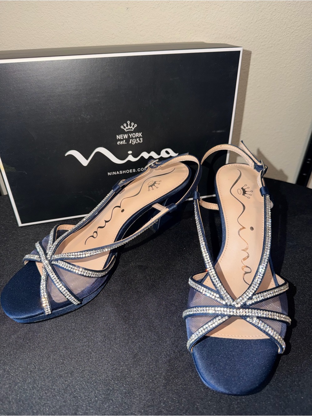 Nina Navy Rhinestone Strappy Slingback Heels